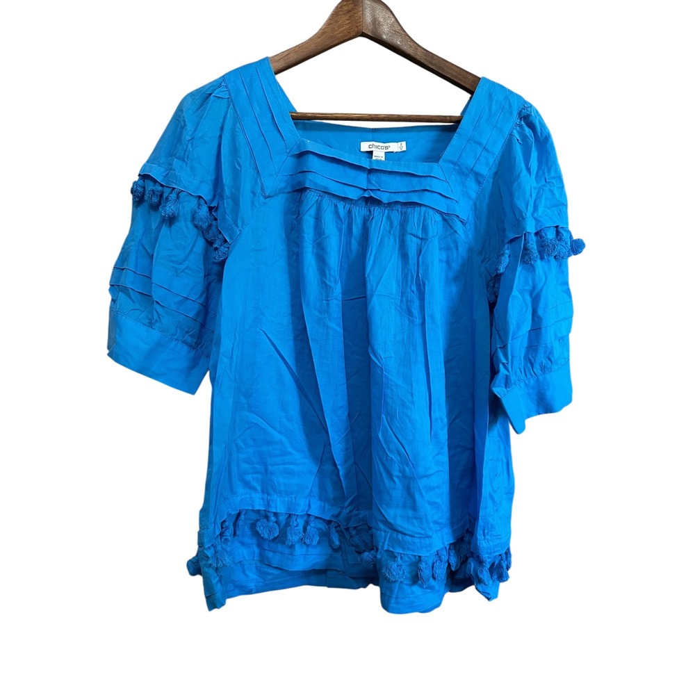 Chicos Blue Tassel Trim‎ Square Neck Cotton Boho Blouse Top Size 2 US 12